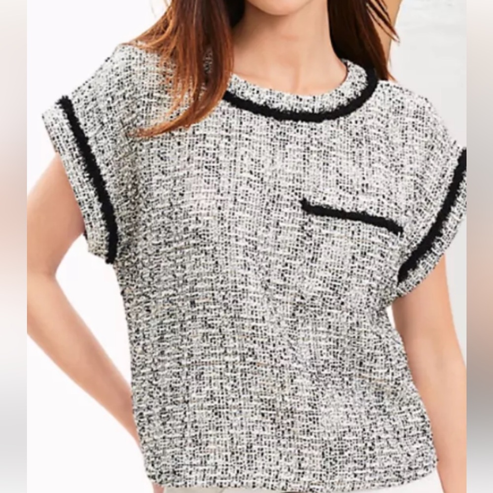 LOFT Black & White Tweed Short Sleeve Top fringe trim front pocket blouse Sz S